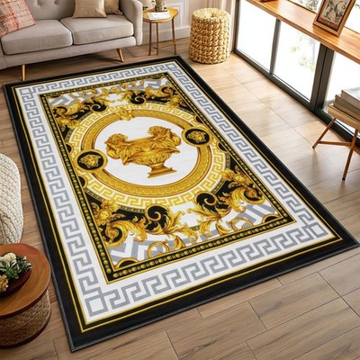 Classic Versace Area Rug, Living Room Black and Gold Carpet
