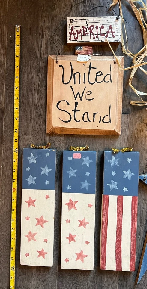 Lote 10 Banderas Estrellas Madera Primativas América Unidos Estamos de pie Decoración Granja Foto 4 de 4