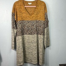 Umgee Mixed Fabric Color Block Long Sleeve V-Neck Sweater Mini Dress Large