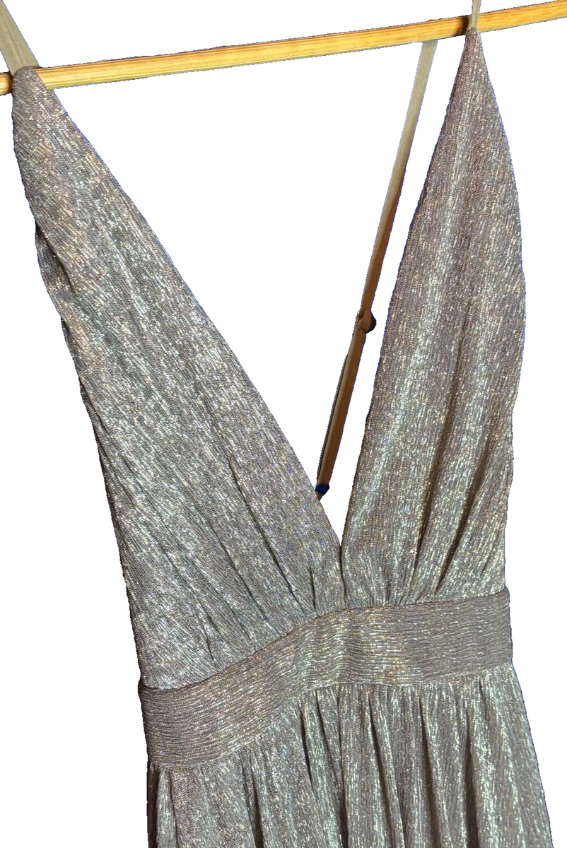 Strappy Halter Shimmery Taupe Silver Long Maxi Dress Prom Formal Empire  Waist L | eBay