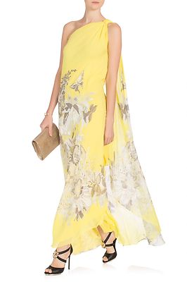 ROBERTO CAVALLI  floral butterfly print one-shoulder gown Size 40
