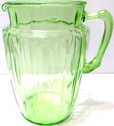 Vintage Hazel Atlas Glass Pitcher Green Depression Glass Pillar Optic 8 1/2" T