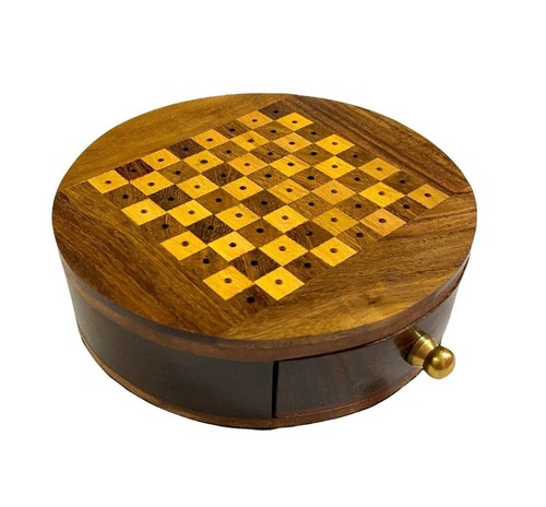 Personalized Handmade Wooden Round Mini Chess Board Game/Pocket Travelling Chess - Picture 4 of 4