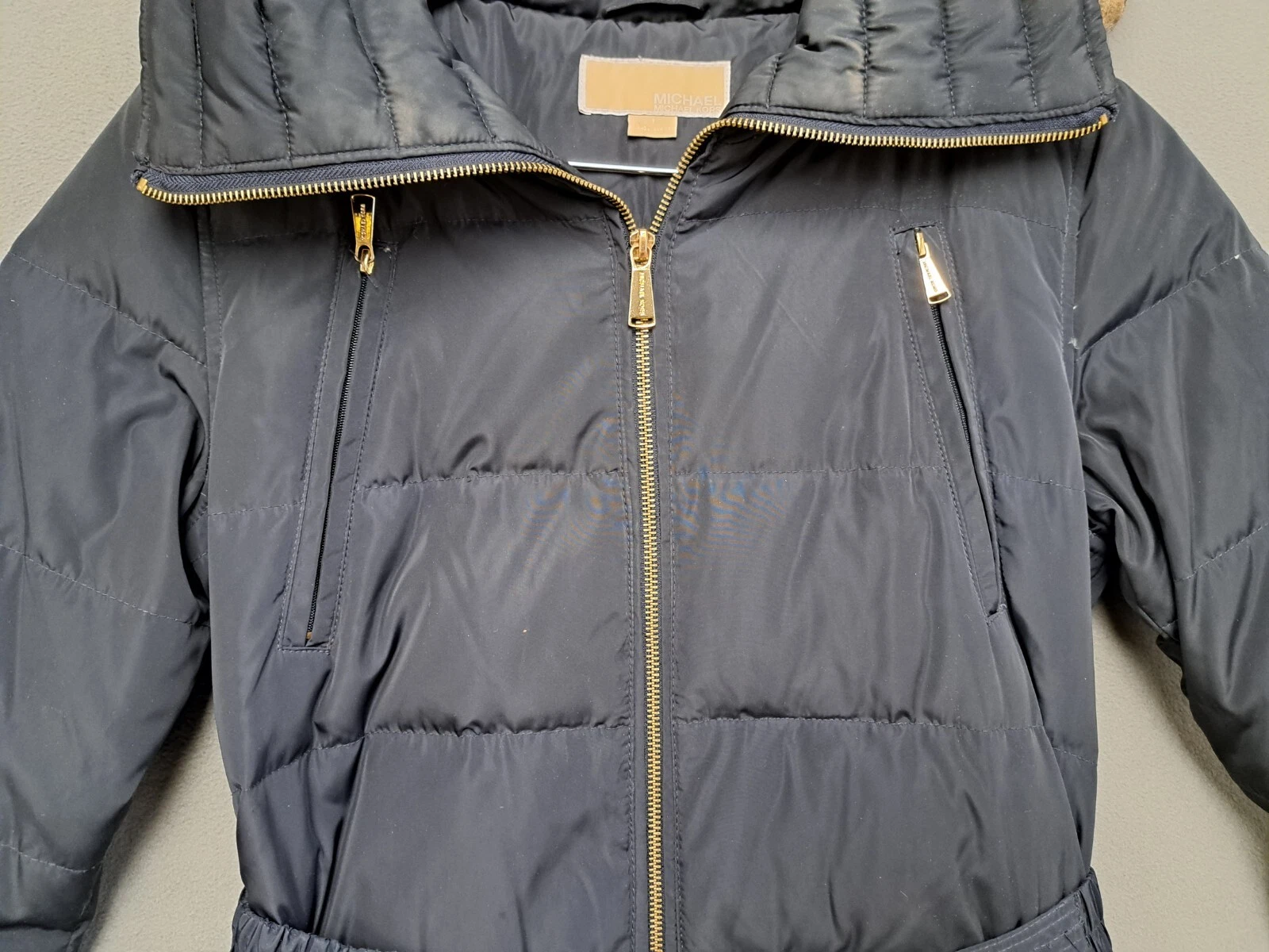 MICHAEL KORS Donna Finiture in Pelliccia Finta Cappuccio Tampone Cappotto Cintura Parka Piccolo Nero