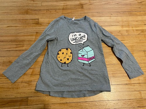Fabkids Girl 10-12 Unicorn Milk And Cookie Long Sleeve T-shirt Gray Funny Joke