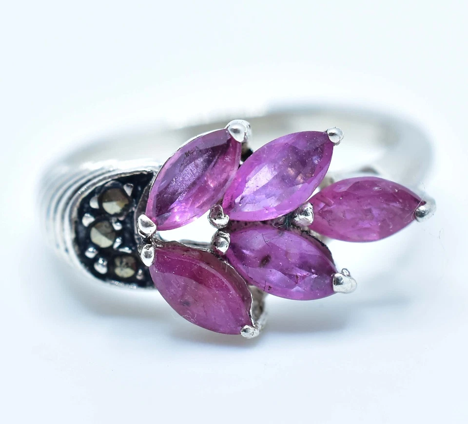 Unheated Marquise Ruby 5x3 mm 925 Sterling Silver Ring Size 5 Certified Ring - Image 3 of 4