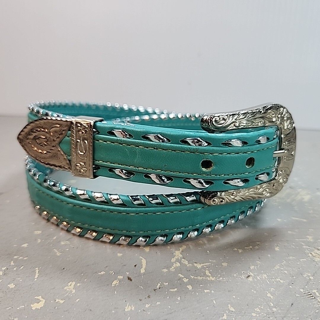 Mallory Western Belt 36 Buckstitch Turquoise Silver Blue 1UW  display picture 1