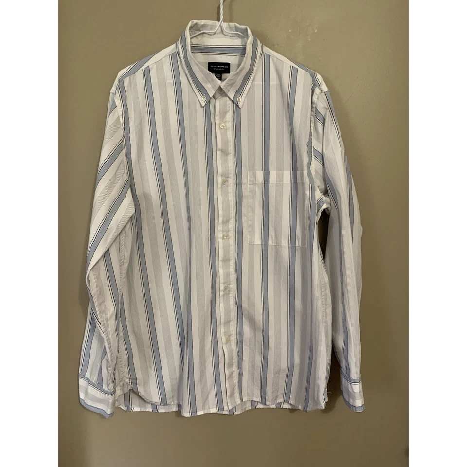 Club Monaco Button Down Long Sleeve Shirt Men's L White with Blue Stripes - Image 2 of 4
