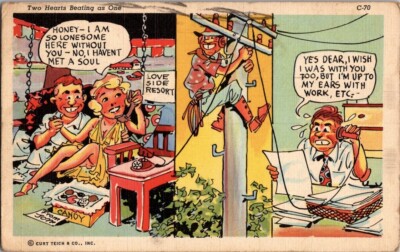 Vintage 1943 Curt Teich Linen Comic Postcard Two Hearts Beating as One Ephemera