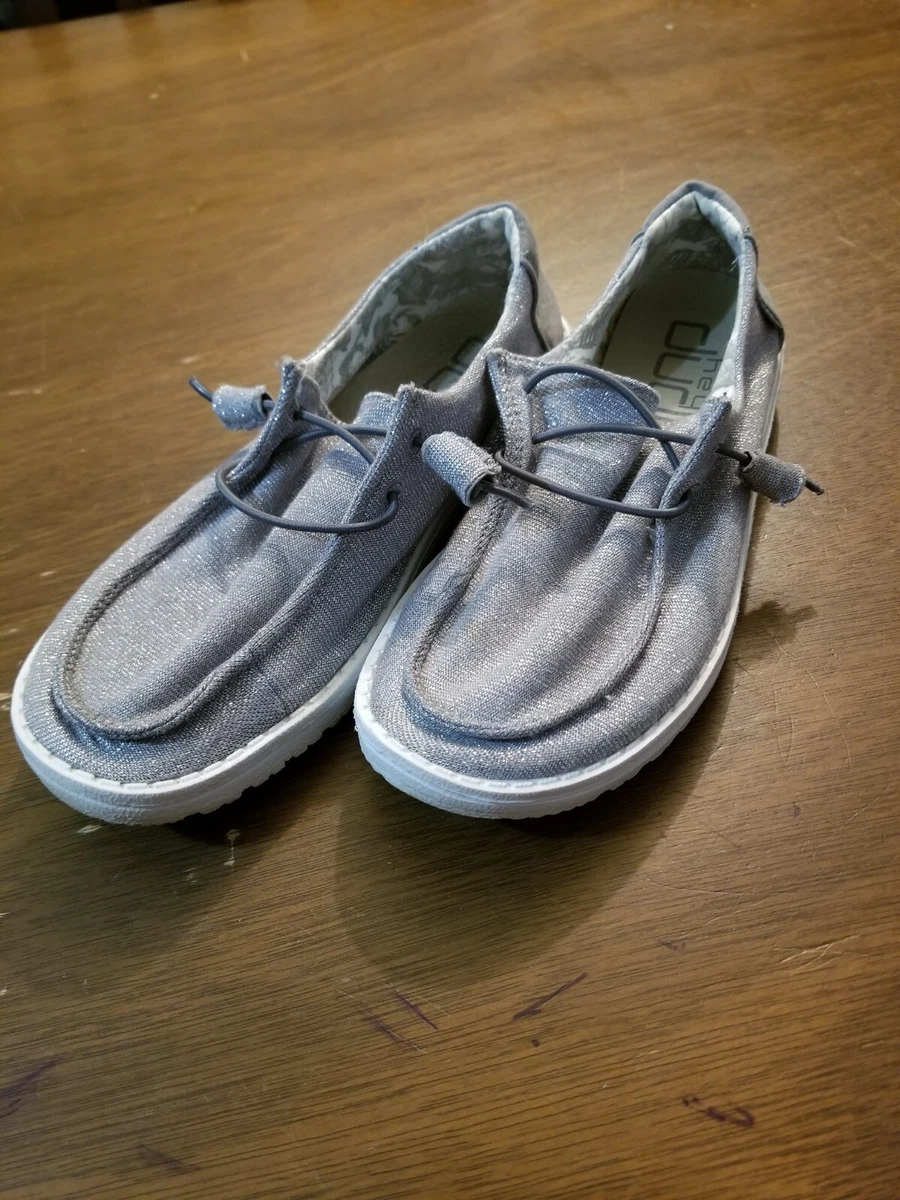 Hey Dude Wendy Stretch Sparkling Grey Silver Loafers Women s 6