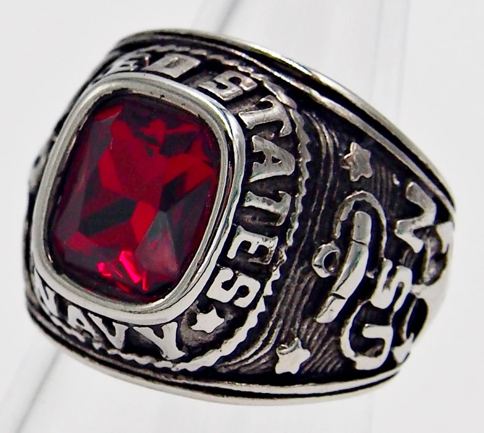 Anillo Hombre Rubí Simulado Acero Inoxidable Plata EE. UU. Militar Cuadrado Águila Talla 9 Foto 2 de 4