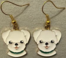 WHITE DOG FACE EARRINGS - Enamel with Gold Plated Ear Wires MALTESE BICHON #1