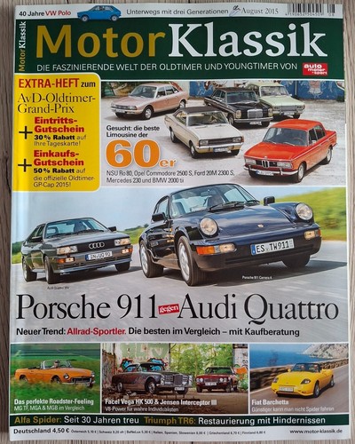 MotorKlassik - August 2015 - Porsche 911 gegen Audi Quattro - MG TF, MGA, MGB.