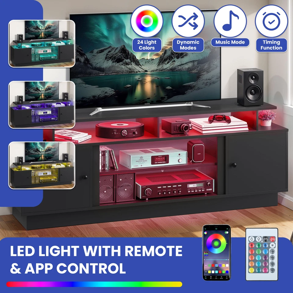 Consola con soporte de TV LED negra para televisores de 70" centro de entretenimiento puertas magnéticas Foto 3 de 4