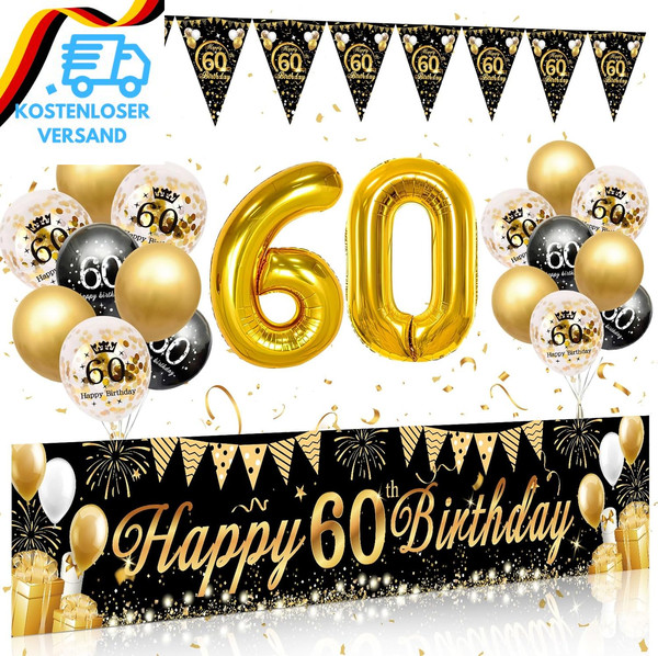 60 Geburtstag Deko Mann Frau, 60 Happy Birthday Banner Schwarz Gold, Luftballons-image