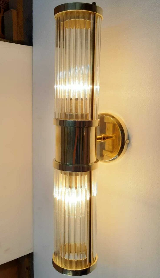 Antique Old Vintage Art Deco Brass & Glass Rod Ship Light Wall Sconces Lamp - Image 4 of 4