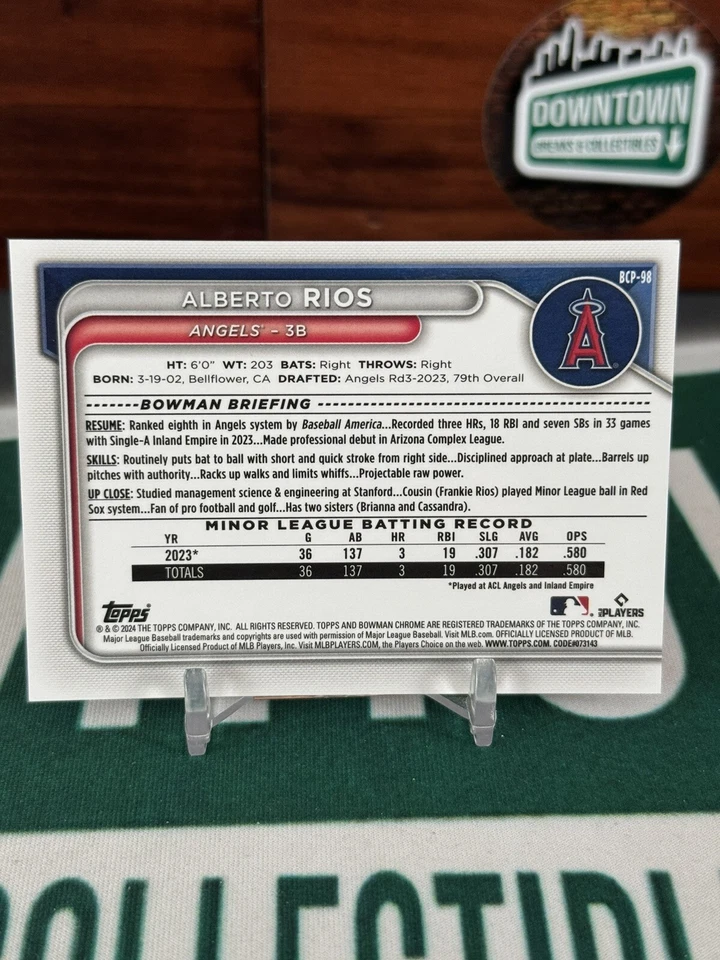 2024 Bowman Baseball Alberto Rios Blue Shimmer Chrome Prospects /150 - Image 2 of 2