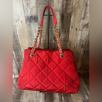 Talbots leather / nylon quilted red tote bag