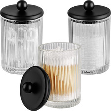 3 Pack Glass Qtip Holder Dispenser Set with Matte Black Metal Lid