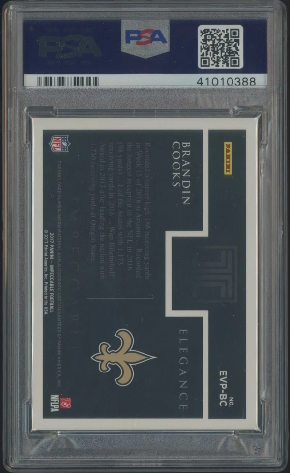 2017 Panini Impeccable Elegance Brandin Cooks Saints Patch AUTO 7/49 PSA 8 - Image 2 of 2