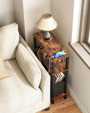 Narrow Side Table with Charging Station, Skinny End Table with Fabric Basket, Sl