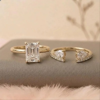 Solid 14K Yellow Gold Moissanite Bridal Ring Set Engagement Ring 2.50 Ct Emerald