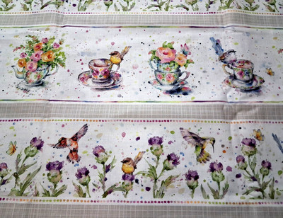 1 1/2 Yds 'Sillier Than Sally' P&B Textiles #04470 Stripes Birds Flowers TeaCups