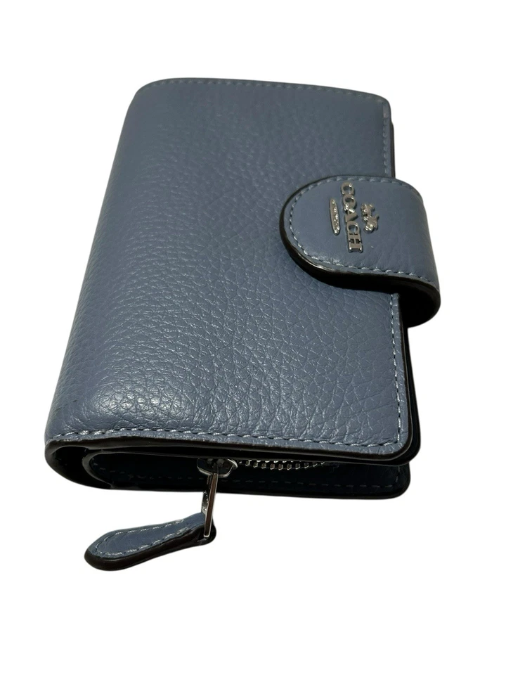 Coach Snap Wallet Shiny Pebbled Leather Small Clutch Blue w/Zip Credit Card DL - Image 3 of 4