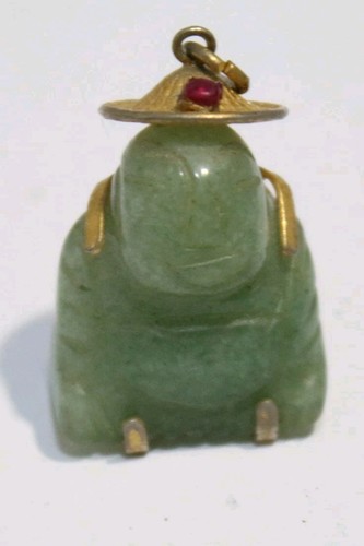 Smiling Good Fortune Jade Buddha Pendant Gold Gilt Hat RubyPaste Carved Jadeite