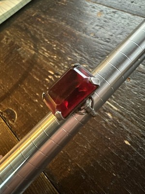 Vintage Sterling Silver Ring Ruby Red Emerald Cut Statement Size 4 Pinky