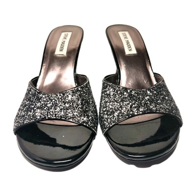 Vintage Steve Madden Kitten Heels Sandals Black Glitter Slide Women’s Size 