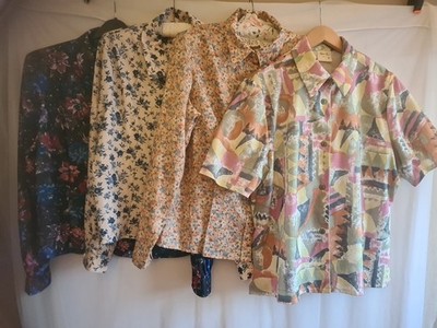 4 Vintage Damen Blusen Gr. 18 & 20 Übergröße Konvolut Drucke Knöpfe
