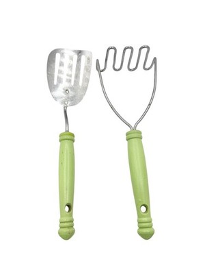 Vintage Green Wood Handle Ekco Chromium Plated Potato Masher Spatula Set