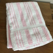 Vintage MCM Pink & White Cabana Stripe Bath Towel Retro Palm Springs Pool 44”