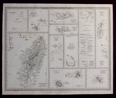 INDIAN OCEAN ISLANDS, MADAGASKAR, SEYCHELLEN, original antike Karte, SDUK, 1844
