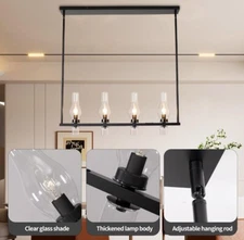 Modern Industrial 4 Light Kitchen Island Lighting Fixture  Black Finish 