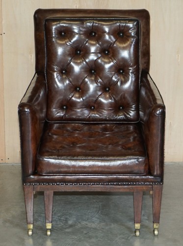 PAIR OF ANTIQUE REGENCY BROWN LEATHER CHESTERFIELD ARMCHAIRS EXTENDING STOOLS - Picture 3 of 12