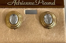 Vintage 80s Adrienne Picard Oval Gold-color edged w/ Clear Stone stud earrings