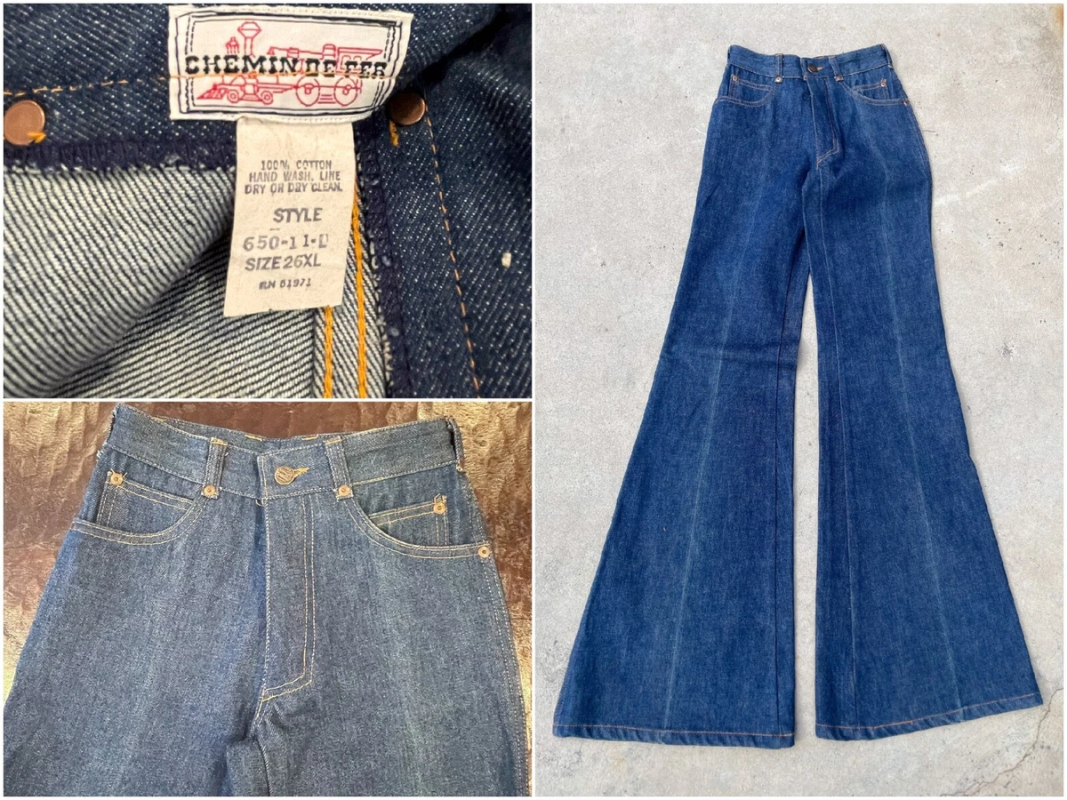 Vintage 70s Wide Bell Bottom Denim Jeans, Chemin De Fer Disco