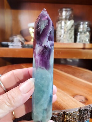 127 Grams Fluorite Purple & Green Tower Crystal Wand Point 5'' Tall