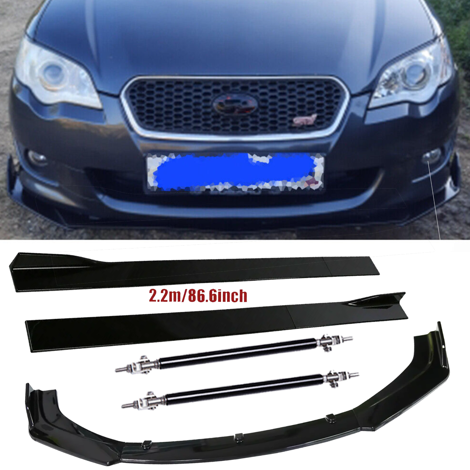 Glossy Black Front Bumper Lip Splitter Spoiler Strut Rods For Subaru