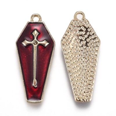 Coffin Pendant Red Enamel Halloween Charm Cross Box Gothic Jewelry Supply 26mm B