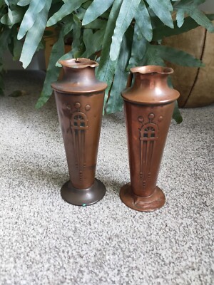 Art Deco Paar Vasen Kupfer erste Hälfte 20. Jahrhundert Frankreich gebraucht gebogen 17cm 