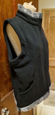 COTTON TRADERS FLEECE BODYWARMER size 14/16 BLACK w/ GREY FAUX FUR