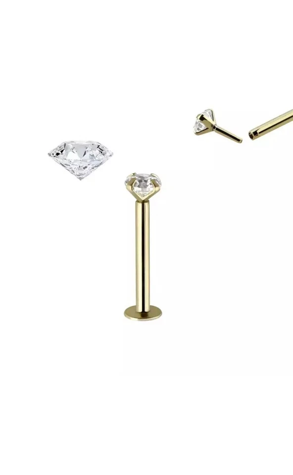 Diamante Natural 2.5mm Oro Sólido 14K 16G Push In Labio Labret Oreja A Presión Foto 2 de 2