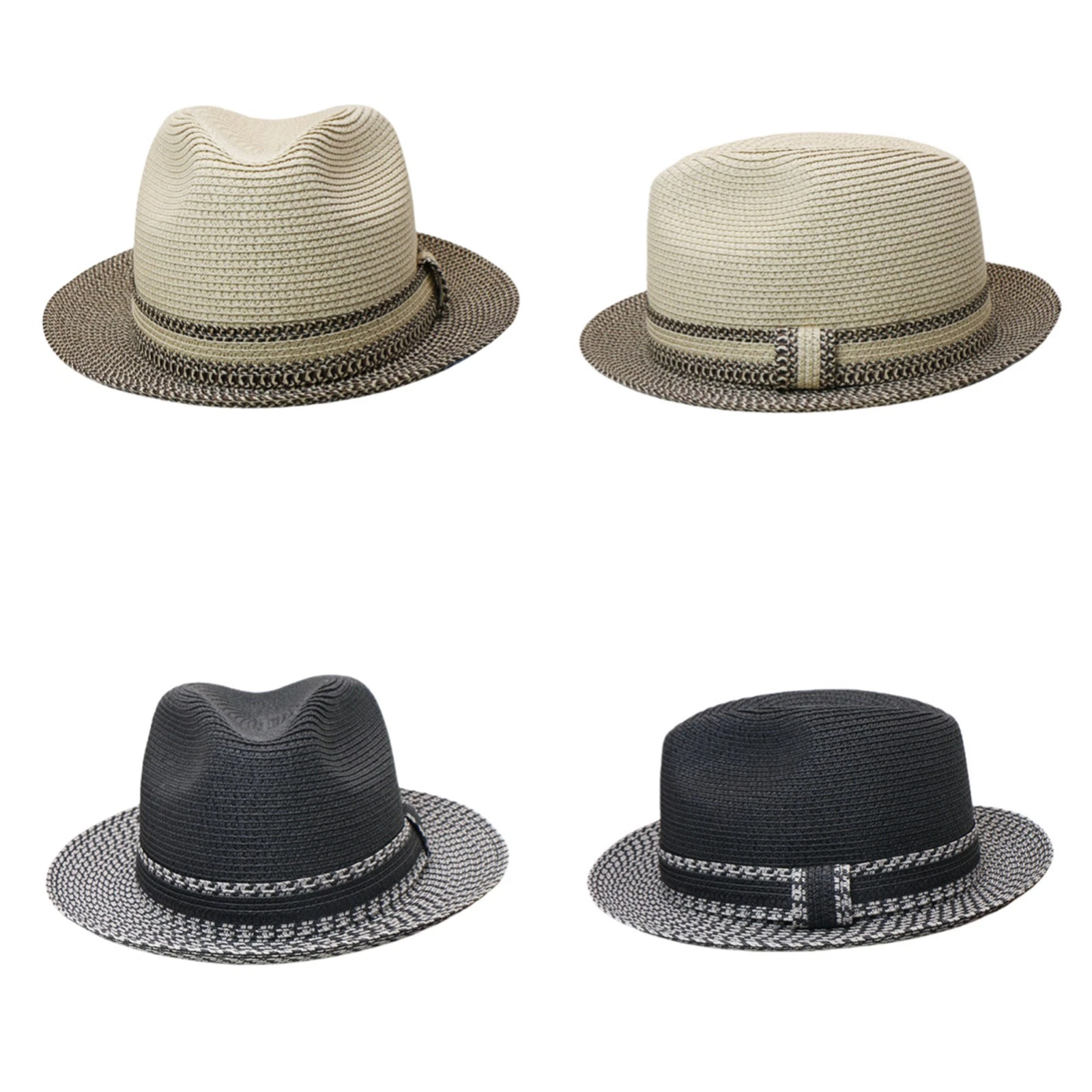 Men Women Summer Straw Pork Pie Hat Classic Short Brim Fedora Panama Sun Hat