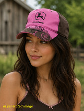 John Deere Women's Ball Cap Pink & Brown Canvas On Size Made in USA By Cyrk Hat
