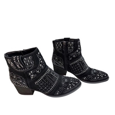 Fergie Black Studded Rhinestone Ankle Boots Western Boho Zip Heel Women's 6.5