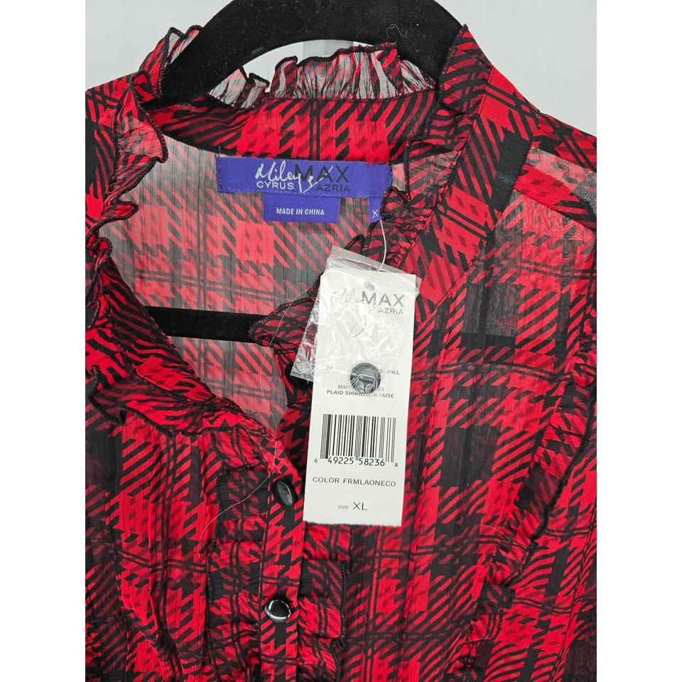 Top informal a cuadros negro rojo talla XL Miley Cyrus para mujer manga larga cuello en V Foto 3 de 4