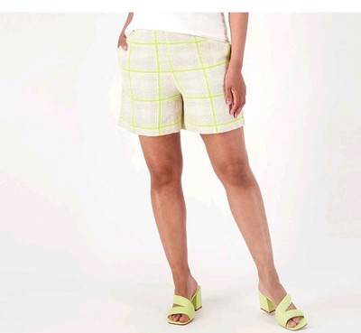Studio Park Vanessa Herring Womens Plus Sz 28W Plaid Linen Blend Shorts Tan Lime